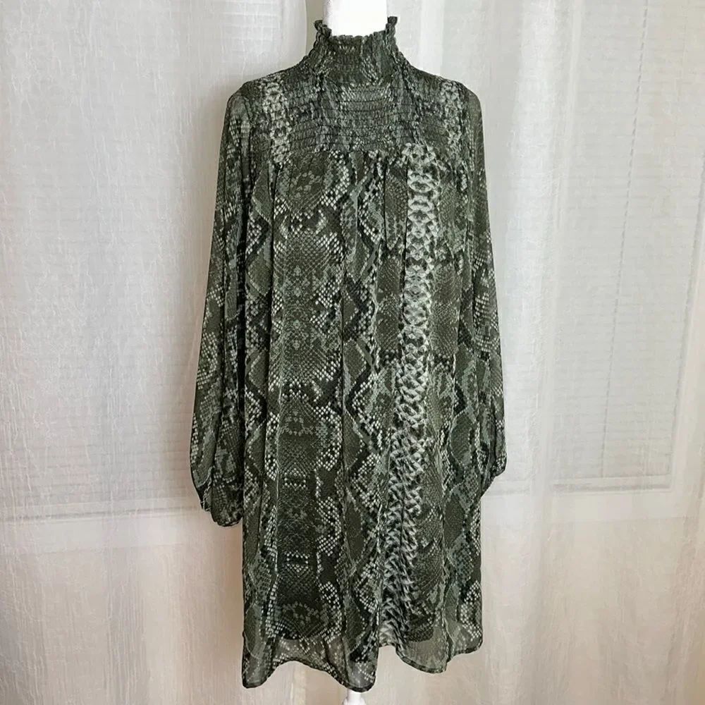 H&M 2 & 4 Winter Moth Green Black Python Animal Print Long Sleeve Mini Dress
